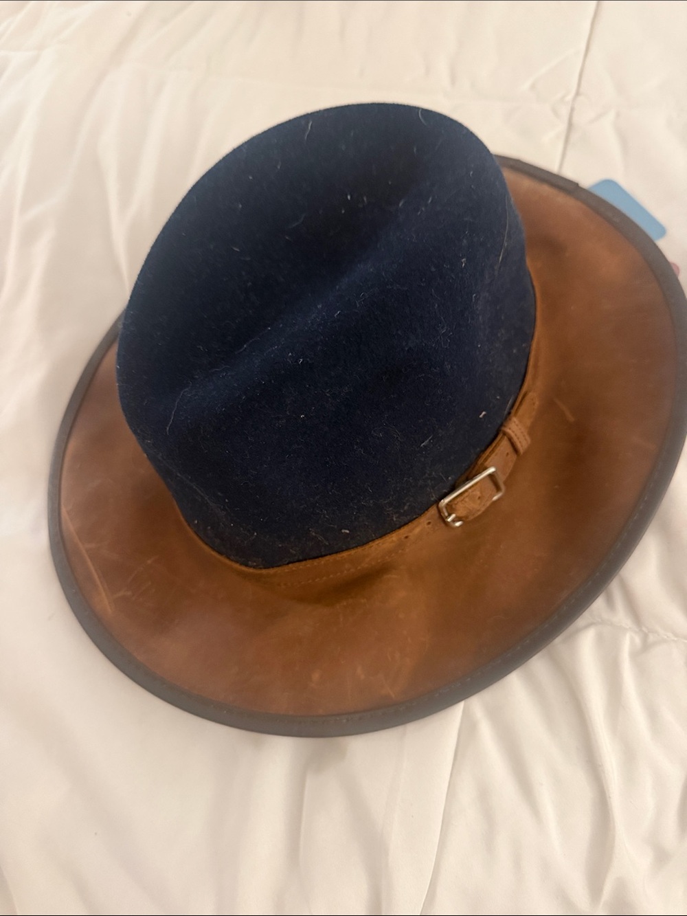 Two-Tone Brown Leather and Navy Felt Wide-Brim Hat